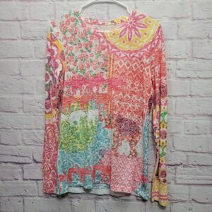 Whimsy Rose Waffle Knit Floral Tunic Top Womens L Stretchy Hippie Boho Festival